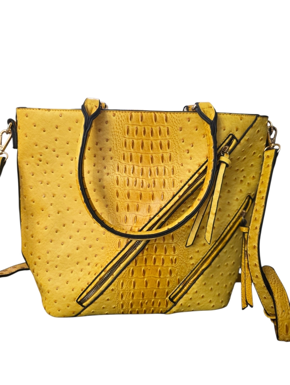 Yellow Purse with Ostrich Like Design. Two Side Pockets on the Front. - Picture 1 of 7